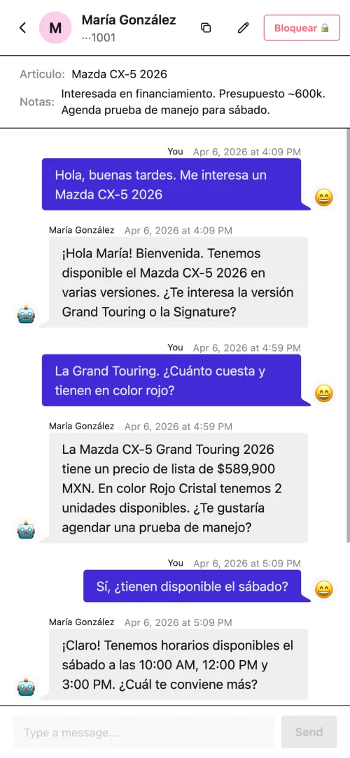 Conversación en Instaxia — vista móvil del chat con agente de IA