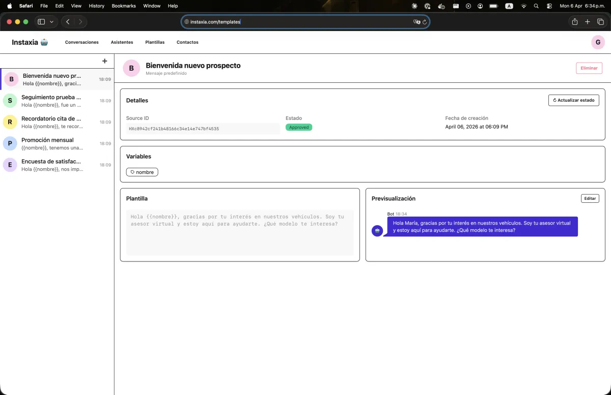 Gestión de plantillas de WhatsApp en Instaxia — creación y aprobación de templates